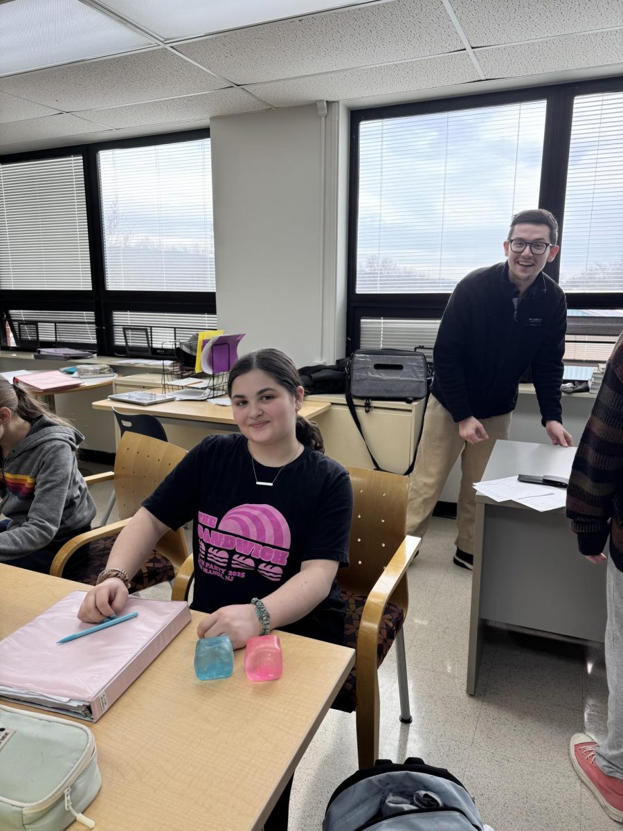 Livy Finkler '31 displays her Needoh's in Mr. Michael's language arts class.