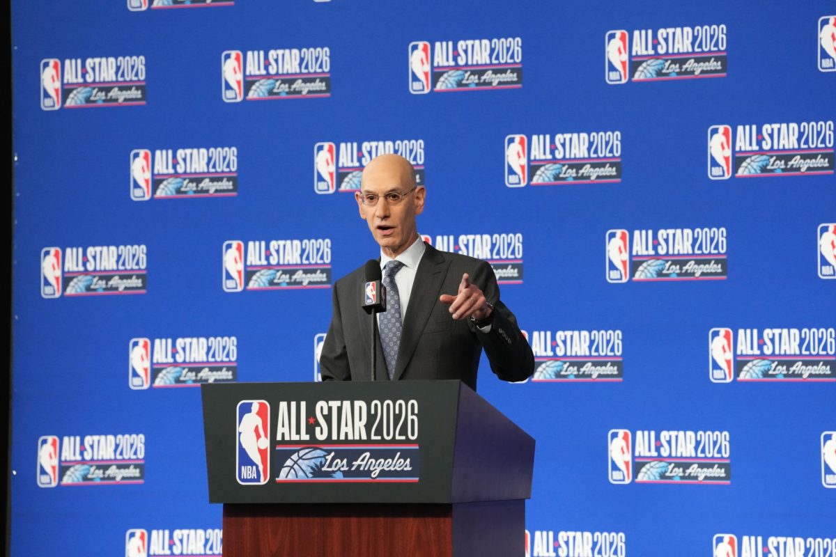 Feb 14, 2026; Los Angeles, CA, USA; NBA commissioner Adam Silver speaks to the media during a press conference before 2026 NBA All Star Saturday Night at Intuit Dome. Mandatory Credit: Kirby Lee-Imagn Images