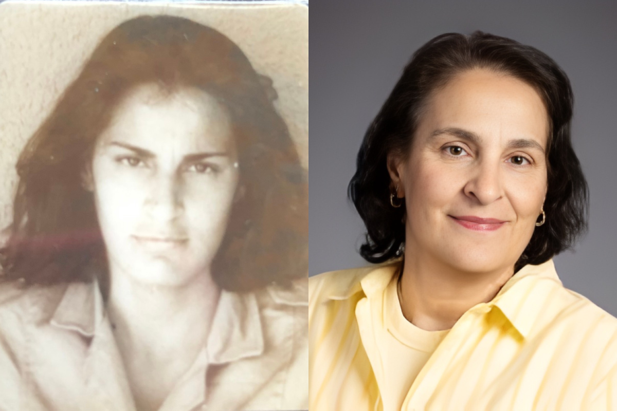Left: Morah Cudkevich's ID photo from the IDF in 1985.
Right: Morah Cudkevich's school photo 2025-26. 